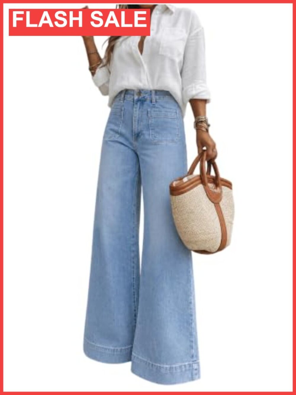 High Waisted Wide Leg Jeans Retro Patch Pockets Stretchy Denim Pants for Summer